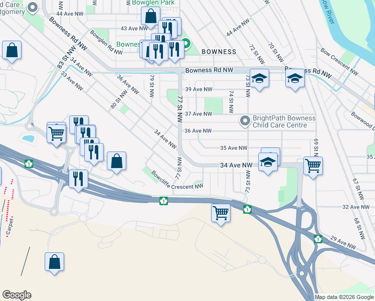 map of restaurants, bars, coffee shops, grocery stores, and more near 7724 34 Avenue Northwest in Calgary