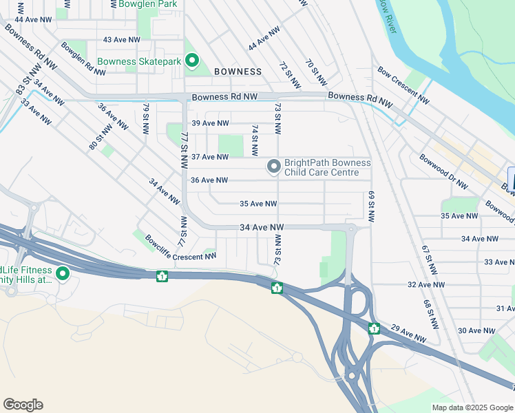 map of restaurants, bars, coffee shops, grocery stores, and more near 7419 35 Avenue Northwest in Calgary