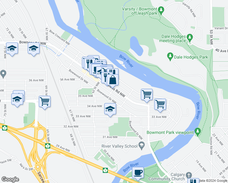 map of restaurants, bars, coffee shops, grocery stores, and more near 6235 Bowness Road Northwest in Calgary