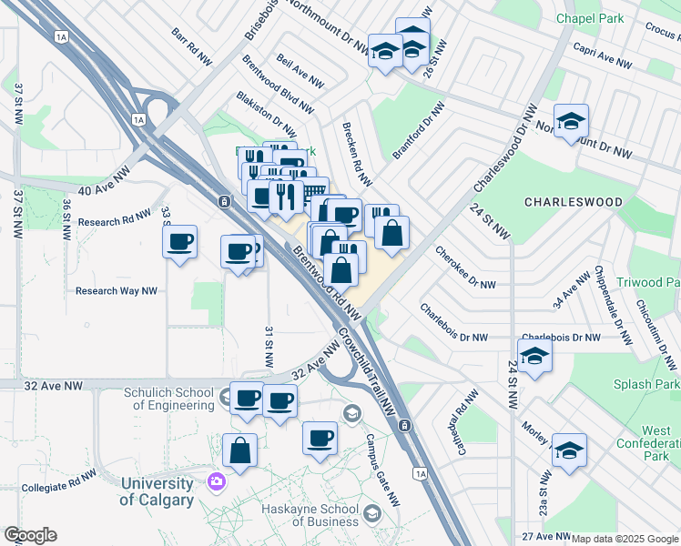 map of restaurants, bars, coffee shops, grocery stores, and more near 3517 Charleswood Drive Northwest in Calgary