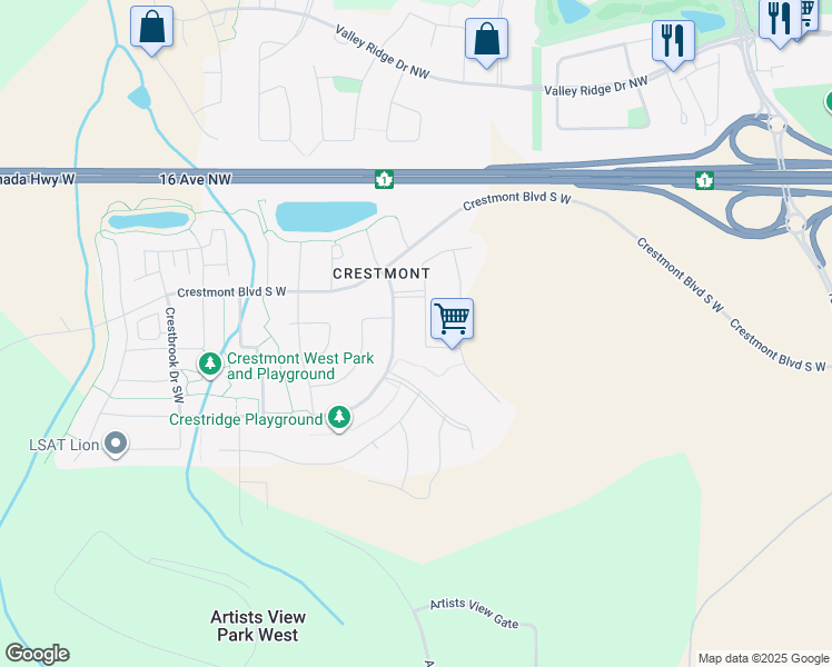 map of restaurants, bars, coffee shops, grocery stores, and more near 153 Crestridge Way Southwest in Calgary