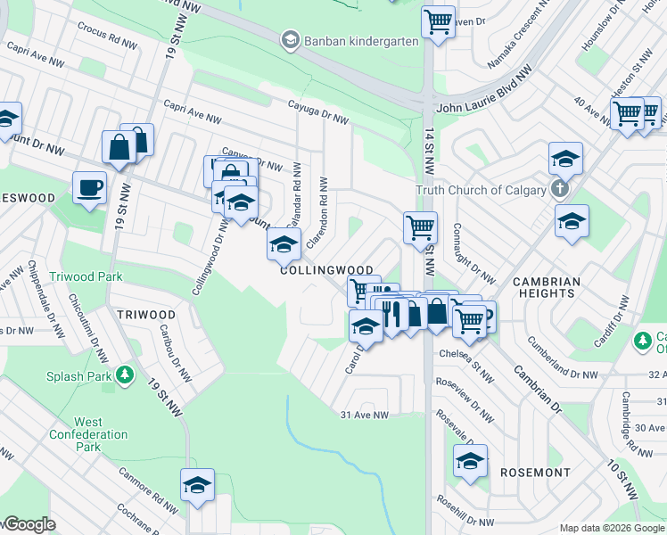 map of restaurants, bars, coffee shops, grocery stores, and more near 6 Cheltenham Road Northwest in Calgary