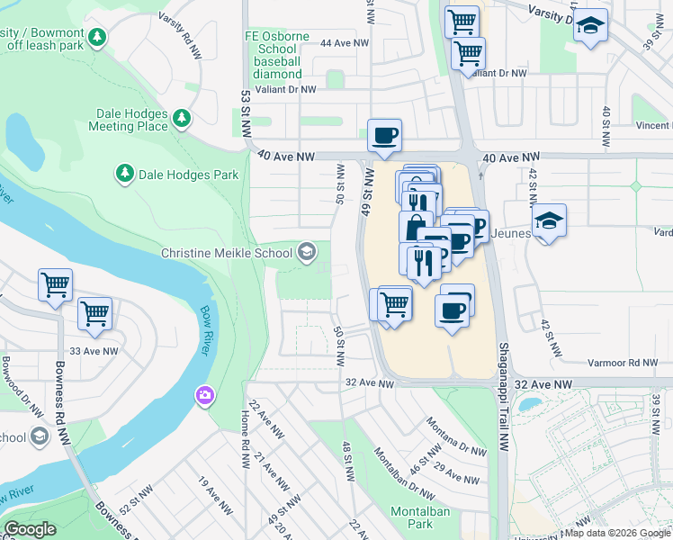 map of restaurants, bars, coffee shops, grocery stores, and more near 3615 49 Street Northwest in Calgary