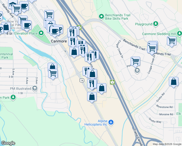 map of restaurants, bars, coffee shops, grocery stores, and more near in Canmore