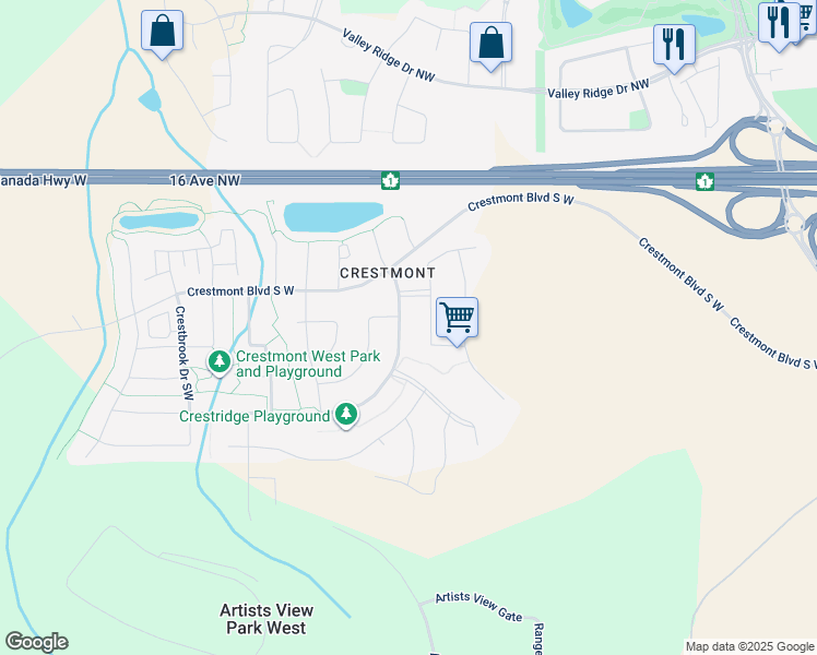 map of restaurants, bars, coffee shops, grocery stores, and more near 50 Crestmont Drive Southwest in Calgary