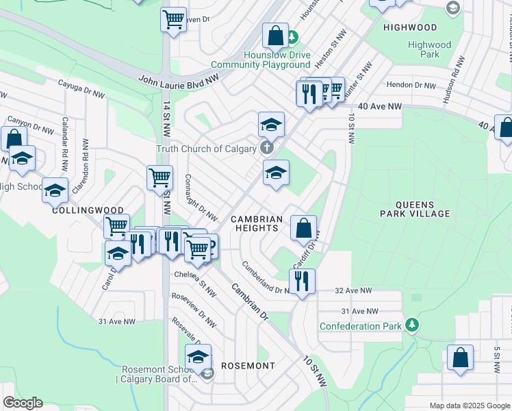map of restaurants, bars, coffee shops, grocery stores, and more near 75 Cornwallis Drive Northwest in Calgary