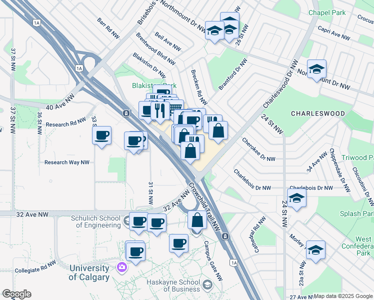 map of restaurants, bars, coffee shops, grocery stores, and more near 3630 Brentwood Road Northwest in Calgary