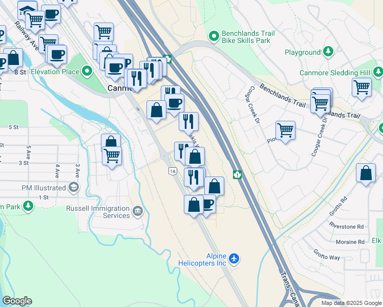 map of restaurants, bars, coffee shops, grocery stores, and more near 109 Montane Road in Canmore