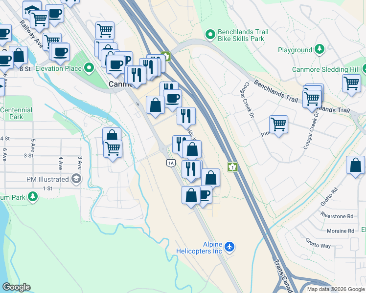 map of restaurants, bars, coffee shops, grocery stores, and more near in Canmore
