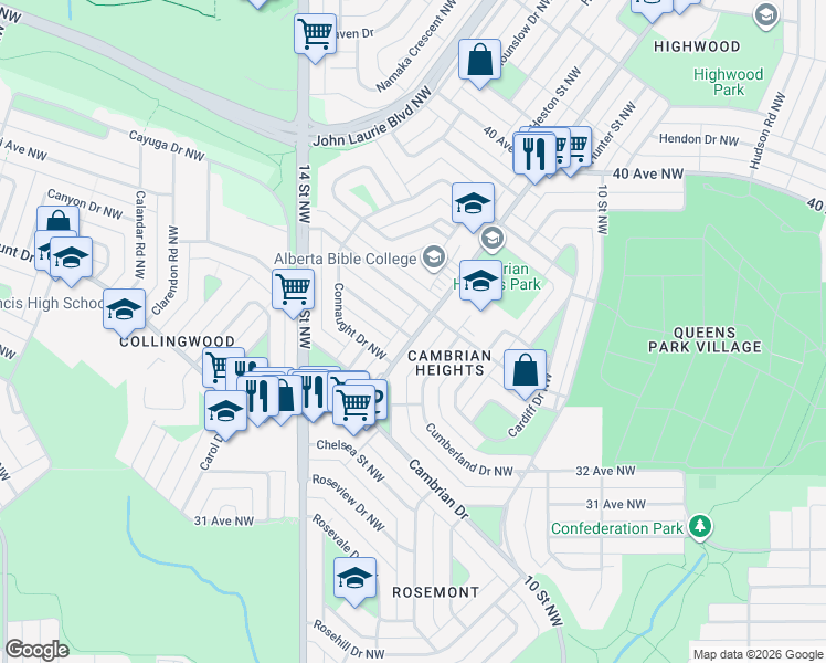 map of restaurants, bars, coffee shops, grocery stores, and more near 653 A Northmount Drive Northwest in Calgary