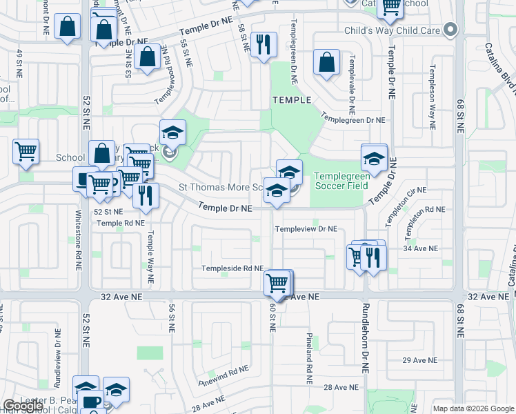 map of restaurants, bars, coffee shops, grocery stores, and more near 199 Temple Gardens Northeast in Calgary