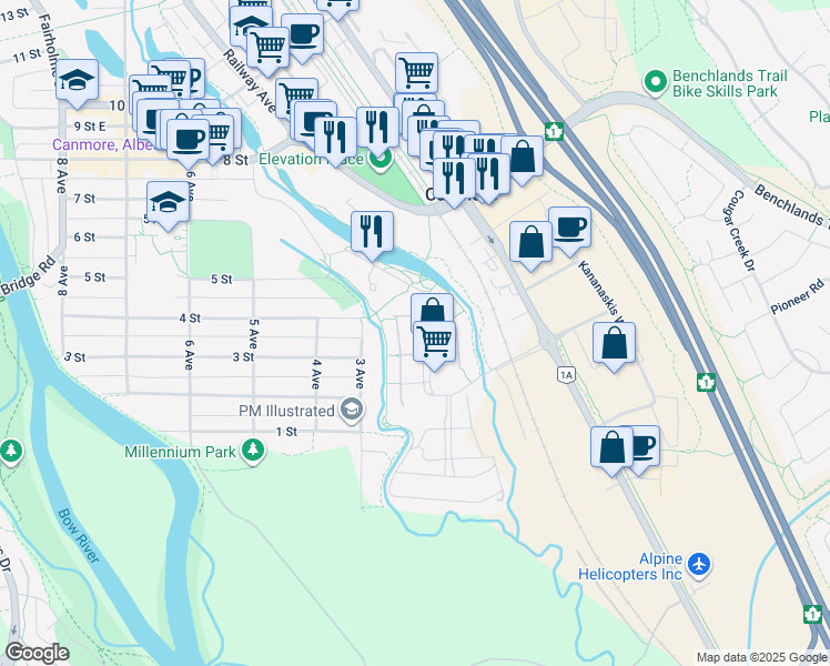 map of restaurants, bars, coffee shops, grocery stores, and more near 505 Spring Creek Drive in Canmore