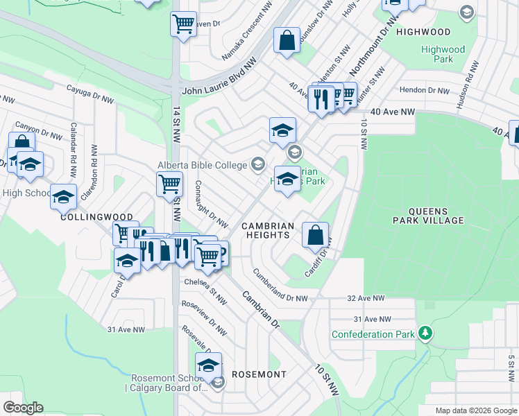 map of restaurants, bars, coffee shops, grocery stores, and more near 652 Northmount Drive Northwest in Calgary