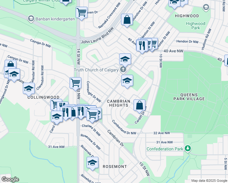map of restaurants, bars, coffee shops, grocery stores, and more near 653 A Northmount Drive Northwest in Calgary