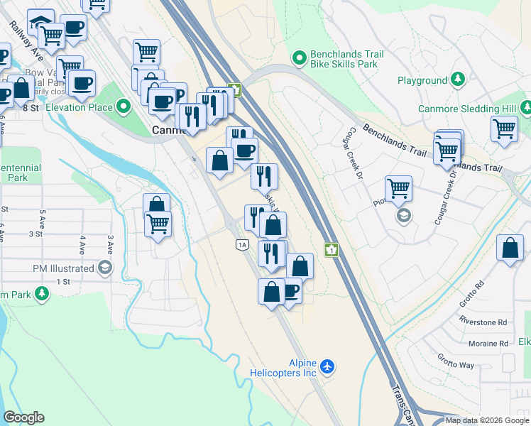 map of restaurants, bars, coffee shops, grocery stores, and more near in Canmore