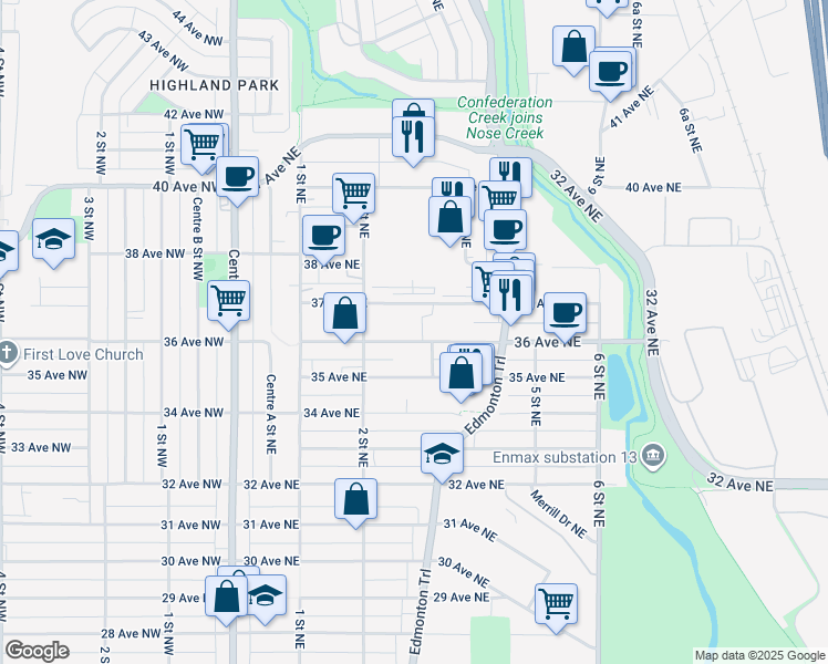 map of restaurants, bars, coffee shops, grocery stores, and more near 2 37 Avenue Northeast in Calgary