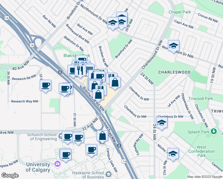 map of restaurants, bars, coffee shops, grocery stores, and more near 3636 Brentwood Road Northwest in Calgary