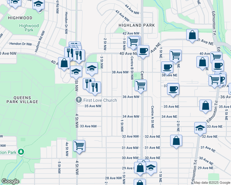 map of restaurants, bars, coffee shops, grocery stores, and more near 3716 2 Street Northwest in Calgary