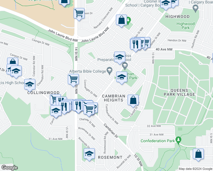 map of restaurants, bars, coffee shops, grocery stores, and more near 653 A Northmount Drive Northwest in Calgary