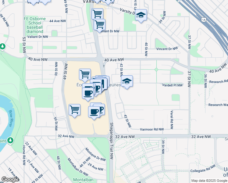map of restaurants, bars, coffee shops, grocery stores, and more near in Calgary