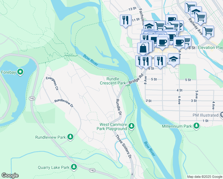 map of restaurants, bars, coffee shops, grocery stores, and more near 128 Rundle Crescent in Canmore