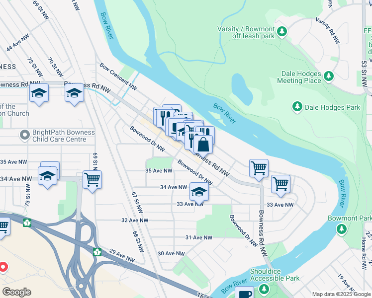 map of restaurants, bars, coffee shops, grocery stores, and more near 6331 Bowness Road Northwest in Calgary