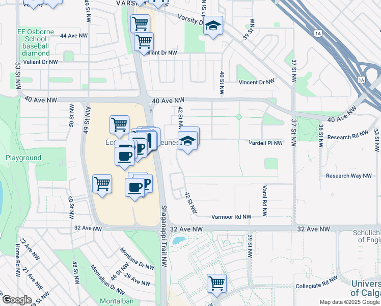 map of restaurants, bars, coffee shops, grocery stores, and more near 3720 42 Street Northwest in Calgary