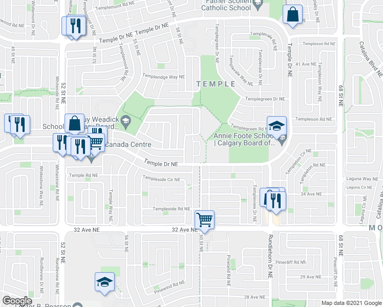 map of restaurants, bars, coffee shops, grocery stores, and more near 199 Temple Gardens Northeast in Calgary