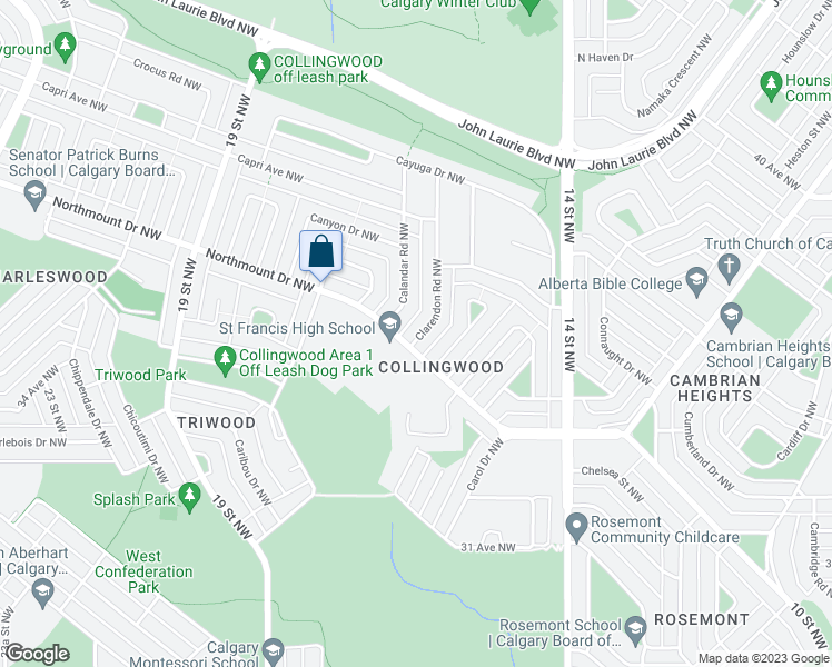 map of restaurants, bars, coffee shops, grocery stores, and more near 7 Clarendon Road Northwest in Calgary