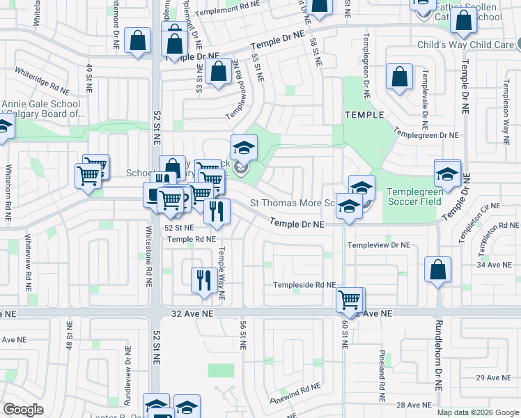 map of restaurants, bars, coffee shops, grocery stores, and more near 5704 Temple Drive Northeast in Calgary