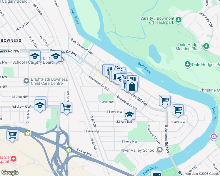 map of restaurants, bars, coffee shops, grocery stores, and more near 6420 Bowwood Drive Northwest in Calgary