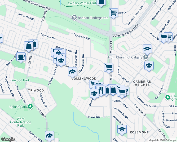 map of restaurants, bars, coffee shops, grocery stores, and more near 23 Cheltenham Road Northwest in Calgary