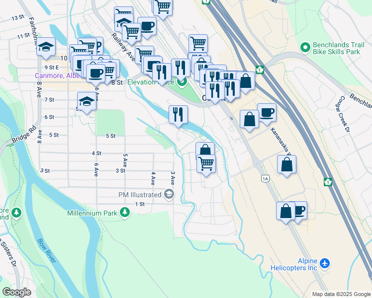 map of restaurants, bars, coffee shops, grocery stores, and more near 505 Spring Creek Drive in Canmore