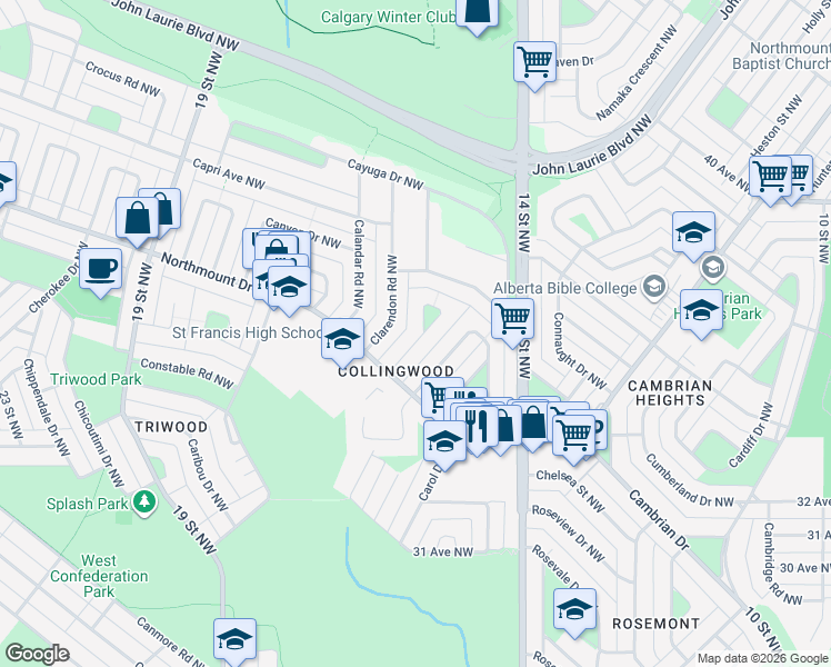 map of restaurants, bars, coffee shops, grocery stores, and more near 23 Cheltenham Road Northwest in Calgary