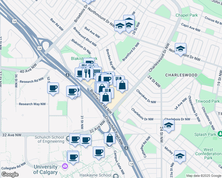 map of restaurants, bars, coffee shops, grocery stores, and more near 3636 Brentwood Road Northwest in Calgary
