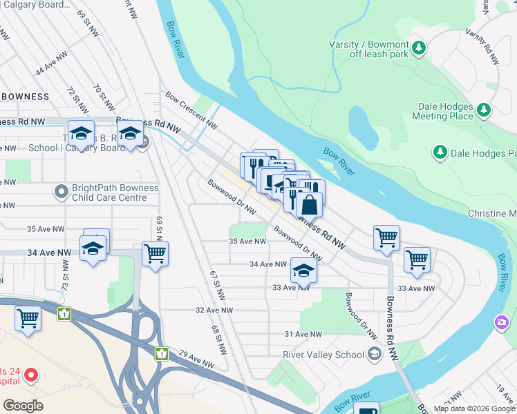 map of restaurants, bars, coffee shops, grocery stores, and more near 6420 Bowwood Drive Northwest in Calgary