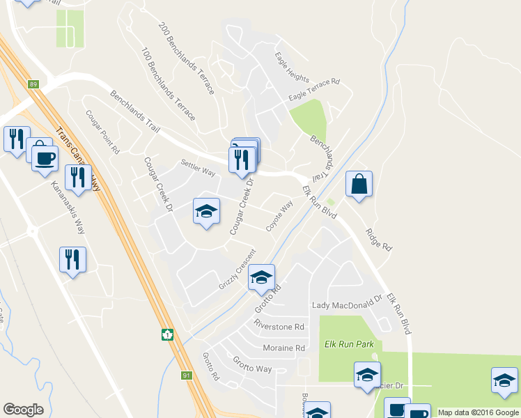 map of restaurants, bars, coffee shops, grocery stores, and more near 123 Kodiak Road in Canmore