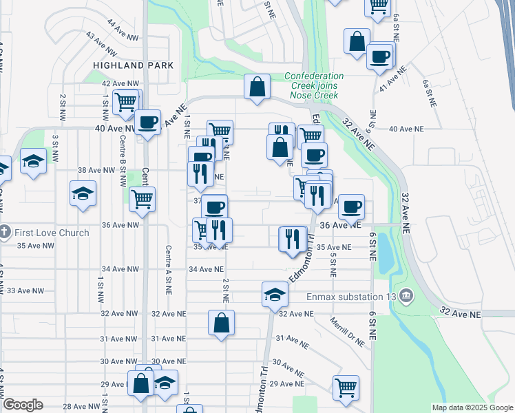 map of restaurants, bars, coffee shops, grocery stores, and more near 2 37 Avenue Northeast in Calgary
