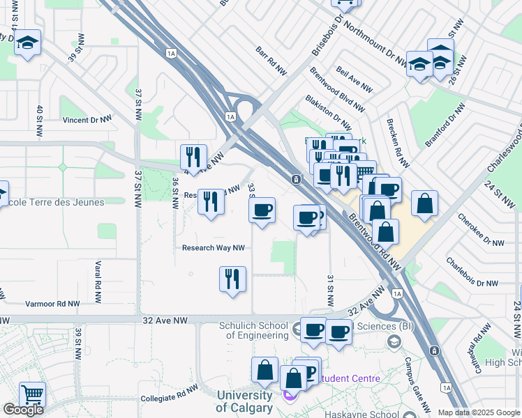map of restaurants, bars, coffee shops, grocery stores, and more near 3660 33 Street Northwest in Calgary