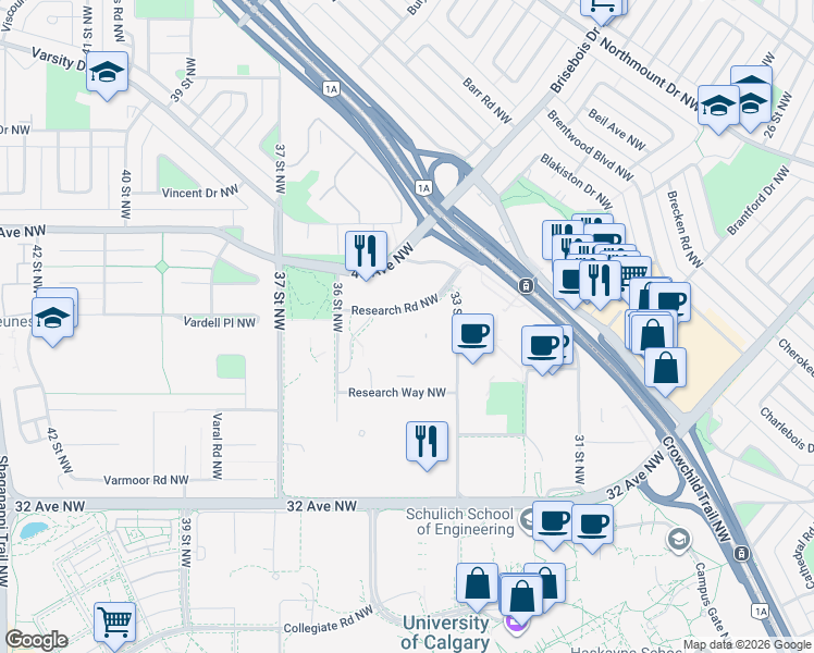 map of restaurants, bars, coffee shops, grocery stores, and more near 3535 Research Road Northwest in Calgary