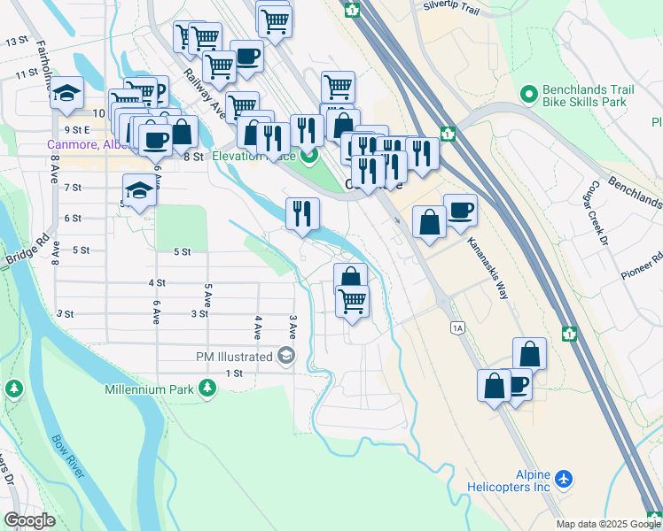 map of restaurants, bars, coffee shops, grocery stores, and more near 505 Spring Creek Drive in Canmore