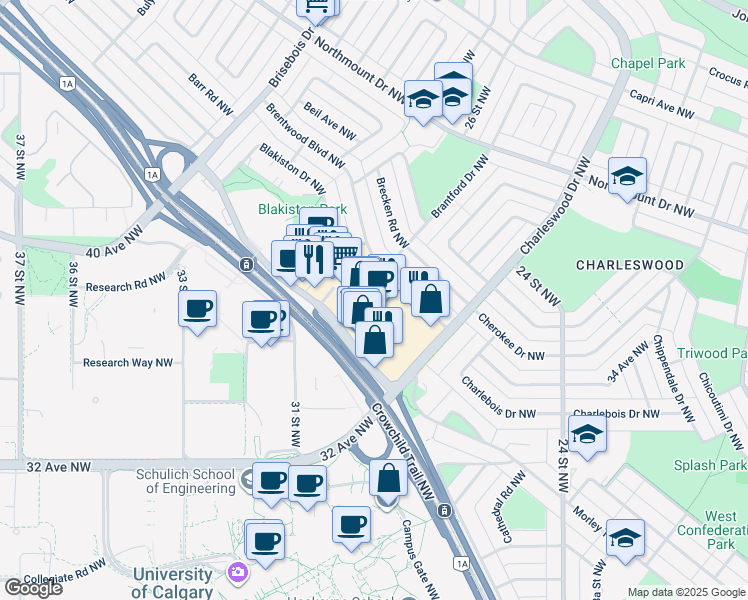 map of restaurants, bars, coffee shops, grocery stores, and more near 510-3630 Brentwood Road Northwest in Calgary