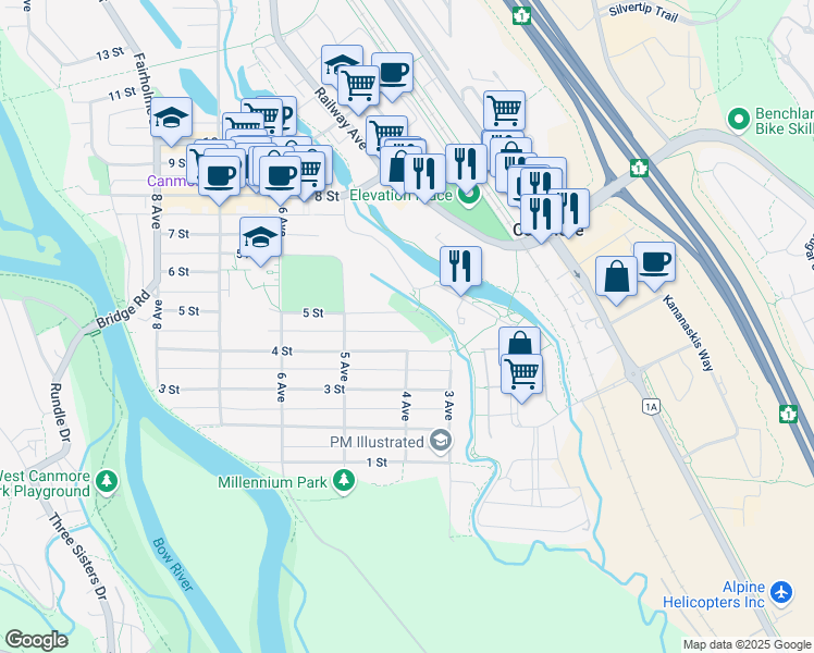 map of restaurants, bars, coffee shops, grocery stores, and more near in Canmore