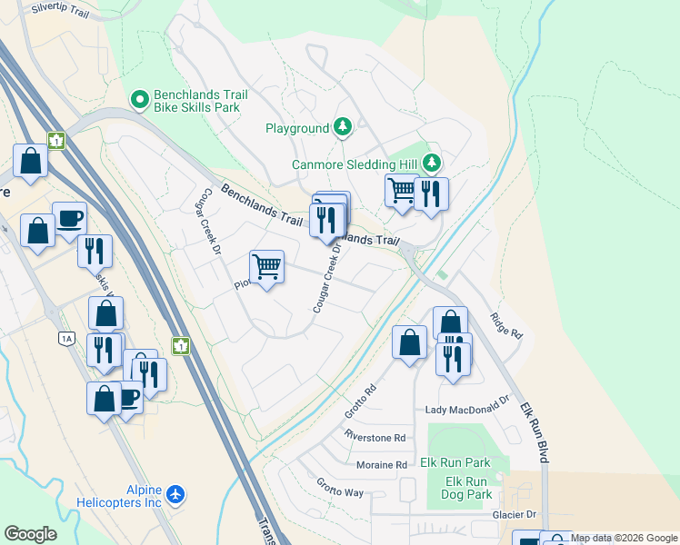 map of restaurants, bars, coffee shops, grocery stores, and more near 123 Kodiak Road in Canmore