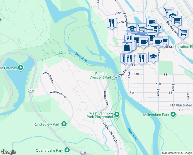 map of restaurants, bars, coffee shops, grocery stores, and more near 128 Rundle Crescent in Canmore