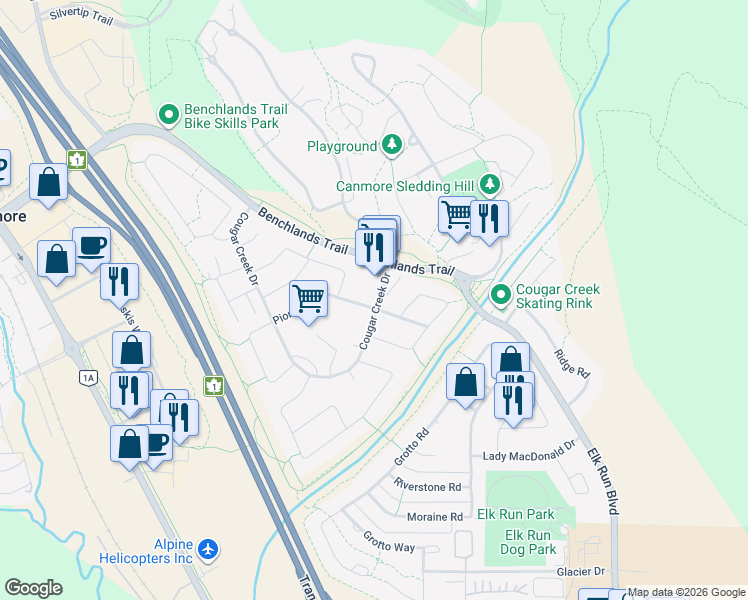 map of restaurants, bars, coffee shops, grocery stores, and more near 335 Pioneer Road in Canmore