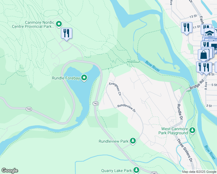 map of restaurants, bars, coffee shops, grocery stores, and more near 1064 Evergreen Circle in Canmore