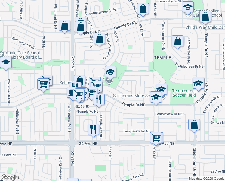 map of restaurants, bars, coffee shops, grocery stores, and more near 5704 Temple Drive Northeast in Calgary