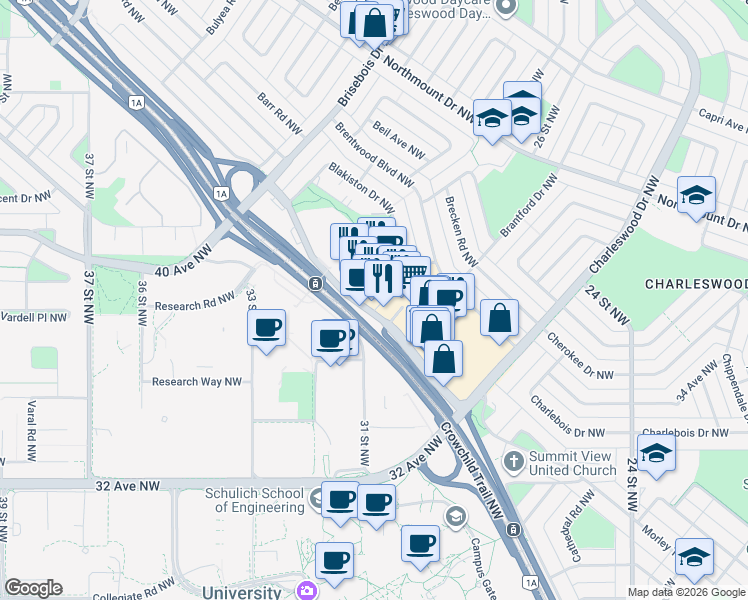 map of restaurants, bars, coffee shops, grocery stores, and more near 3820 Brentwood Road Northwest in Calgary