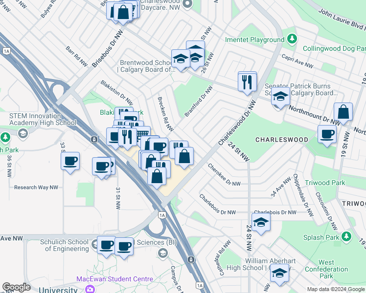 map of restaurants, bars, coffee shops, grocery stores, and more near 3735 Brooklyn Crescent Northwest in Calgary